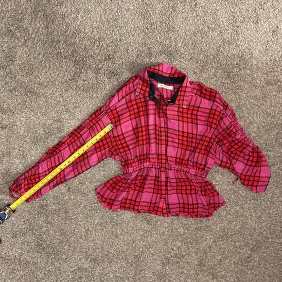 Free People Pacific Dawn Red Pink Plaid Shirred Shirt Top. Size Medium. - Picture 7 of 15